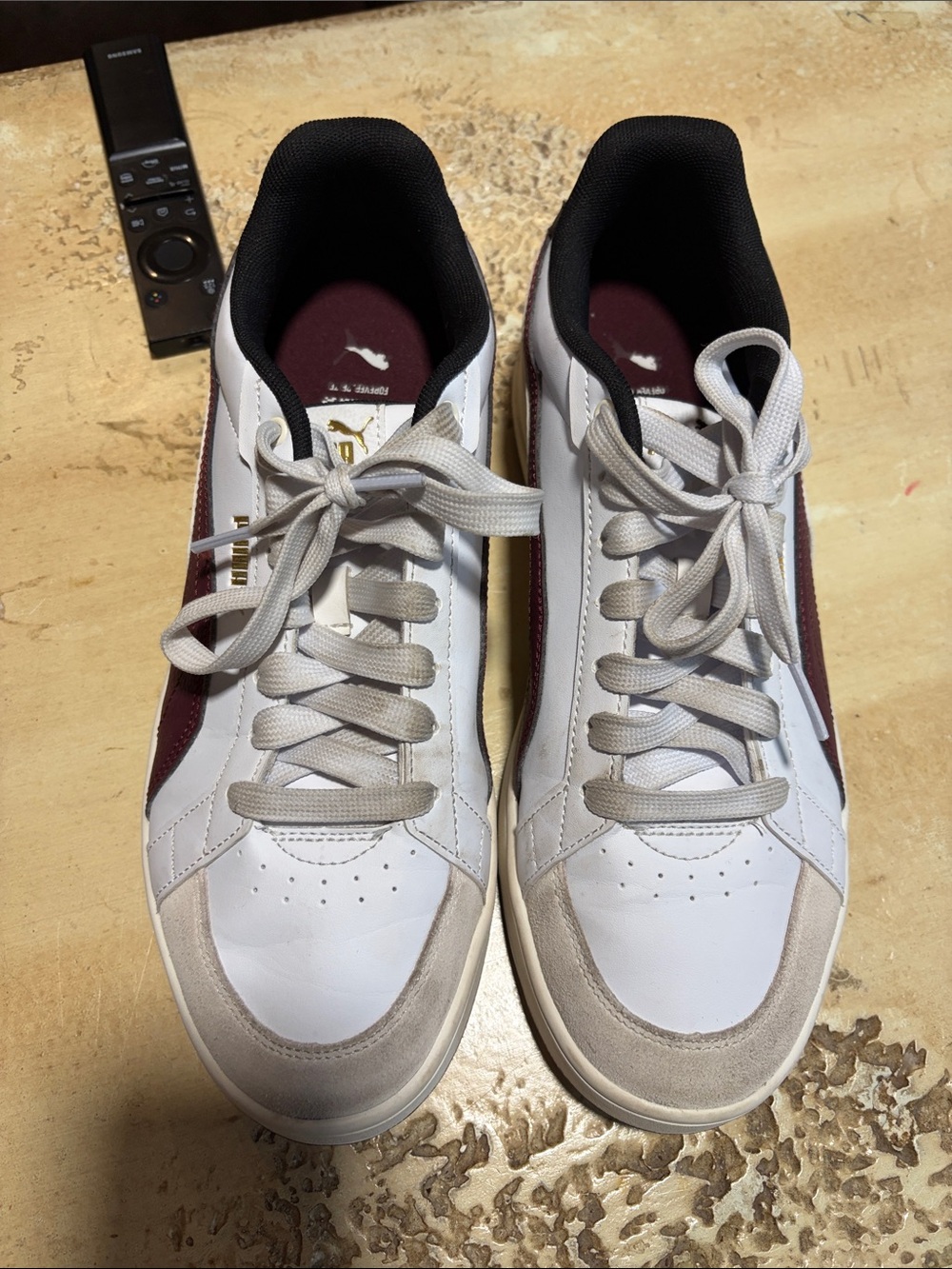 Puma White and Burgundy Low-Top Sneakers with Suede Toe